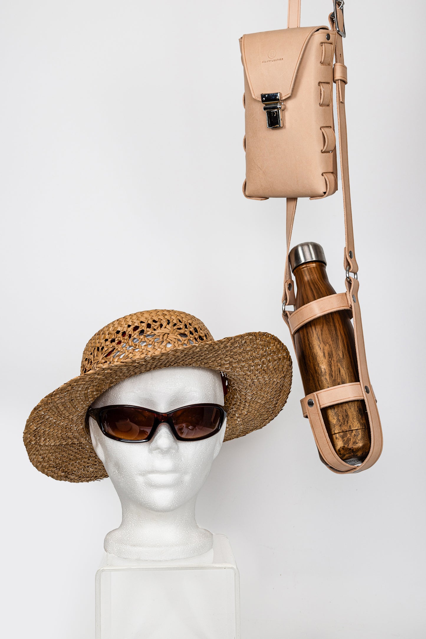 Leather Water Bottle Strap with Pouch