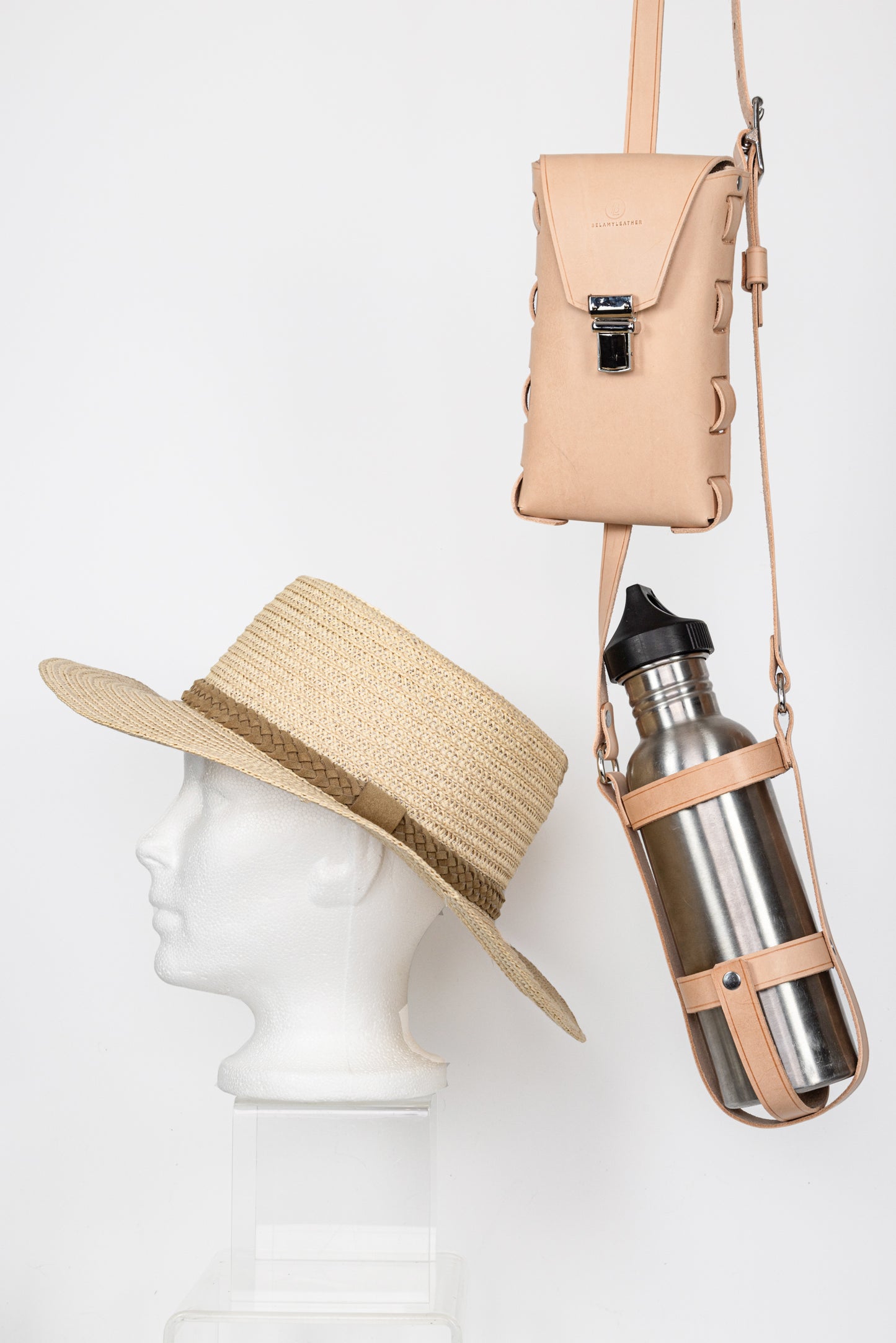 Leather Water Bottle Strap with Pouch