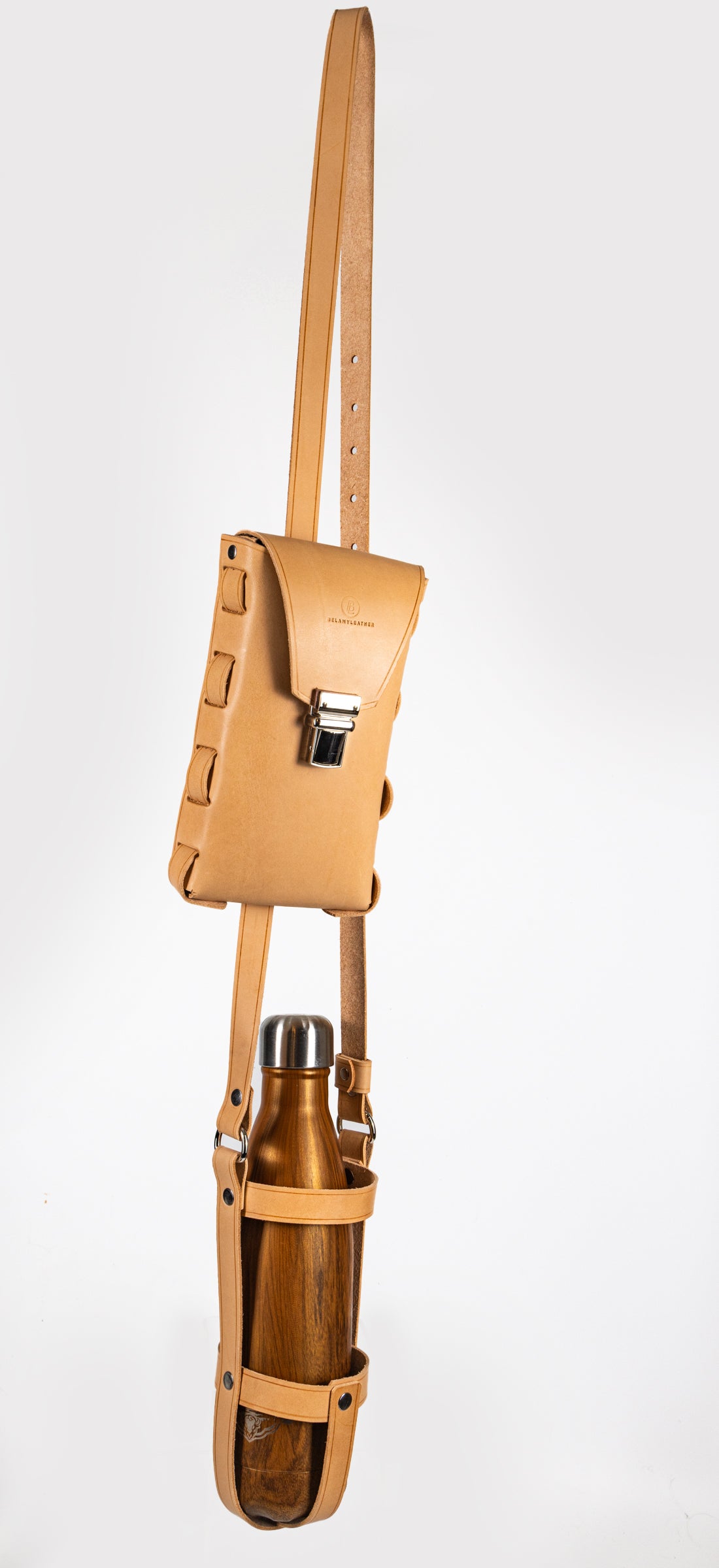 Leather Water Bottle Strap with Pouch